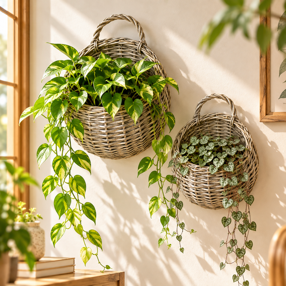 Distressed gray woven wall planter baskets, medium and small, with trailing plants