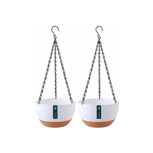 Two white self-watering hanging planters on black chains