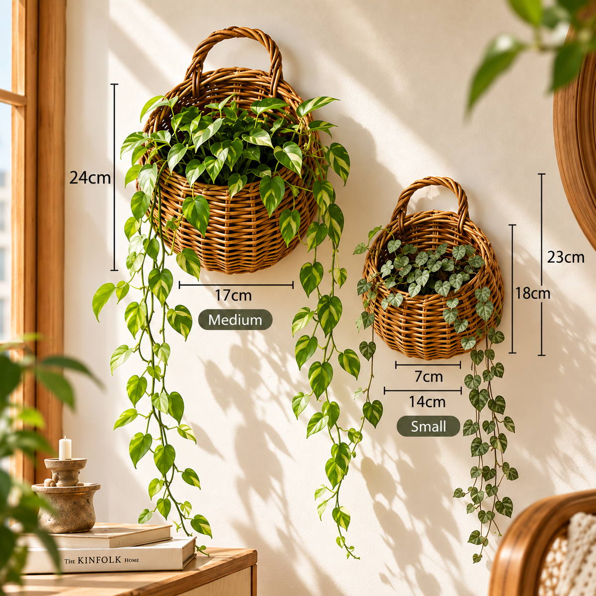 Wall basket sizes: medium 24 cm tall with a 17 by 8 cm opening, small 23 cm tall with a 14 by 7 cm opening