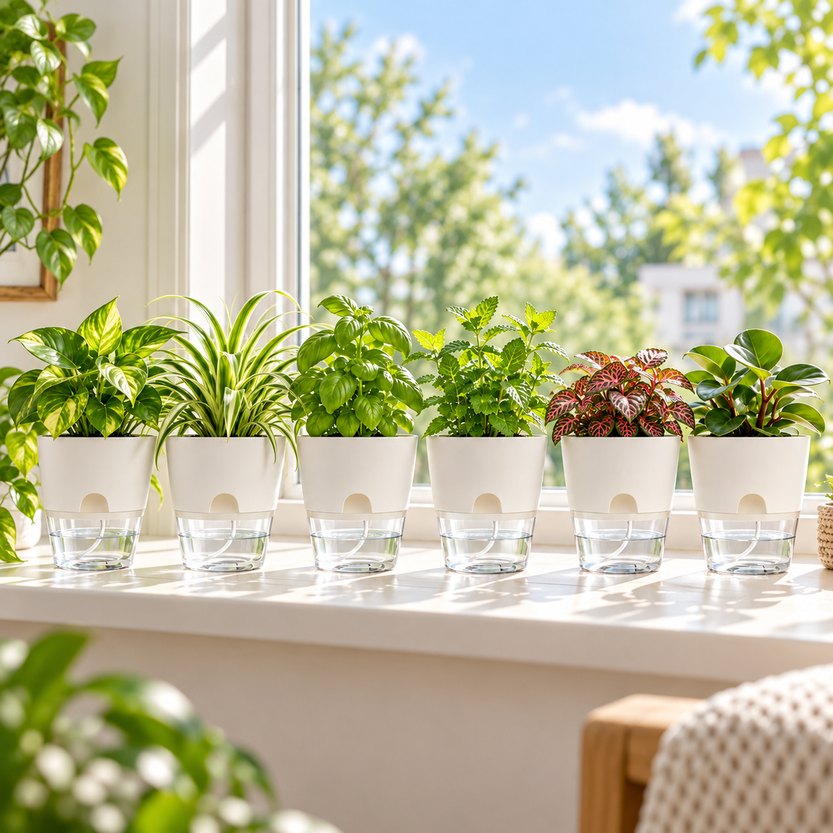 Self-Watering Mini Pots, Set of 6 – 4 Inch Double-Layer Planters for Herbs, Cuttings and Small Houseplants