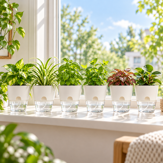 Six white self-watering mini pots with clear reservoirs on a sunny windowsill