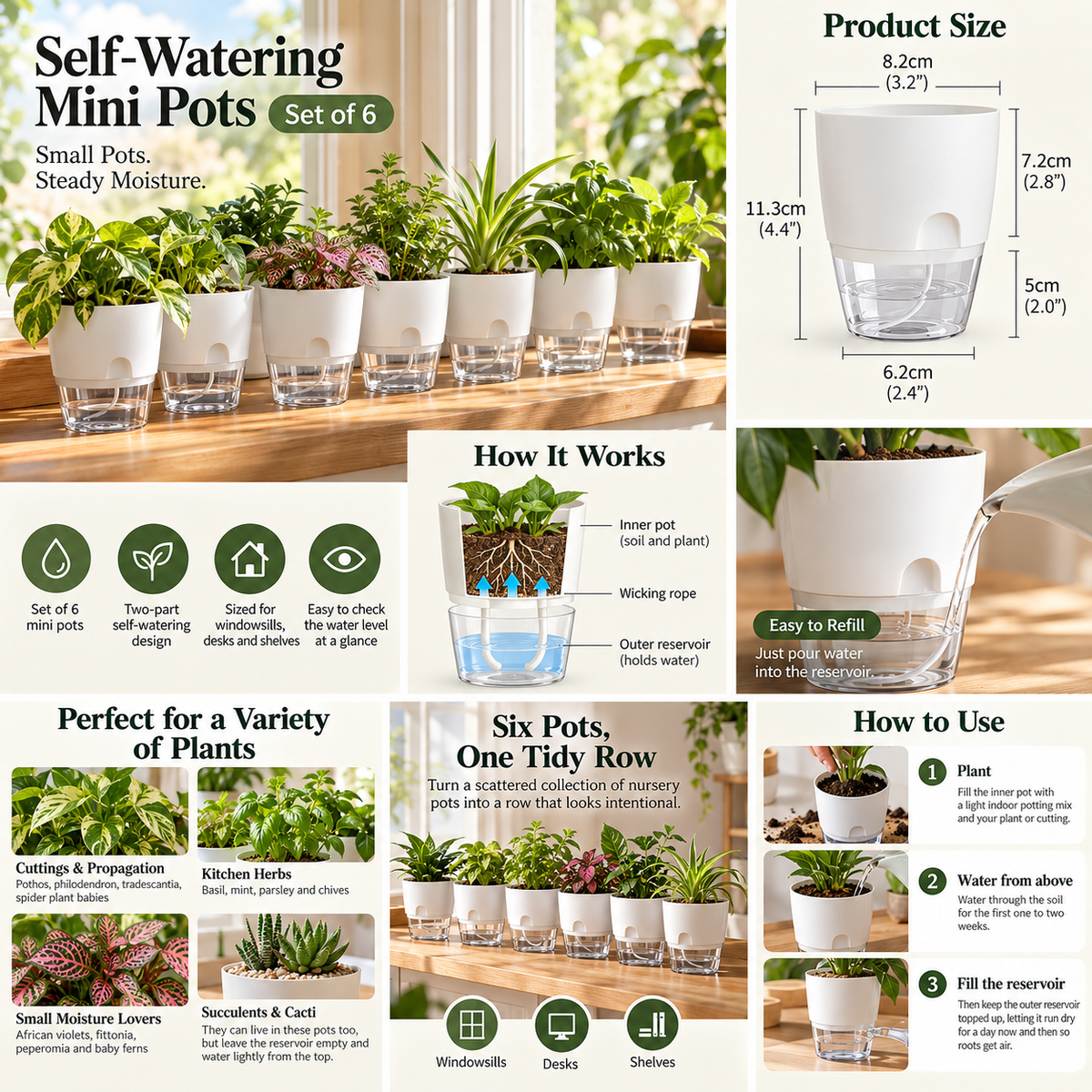 Self-Watering Mini Pots, Set of 6 – 4 Inch Double-Layer Planters for Herbs, Cuttings and Small Houseplants