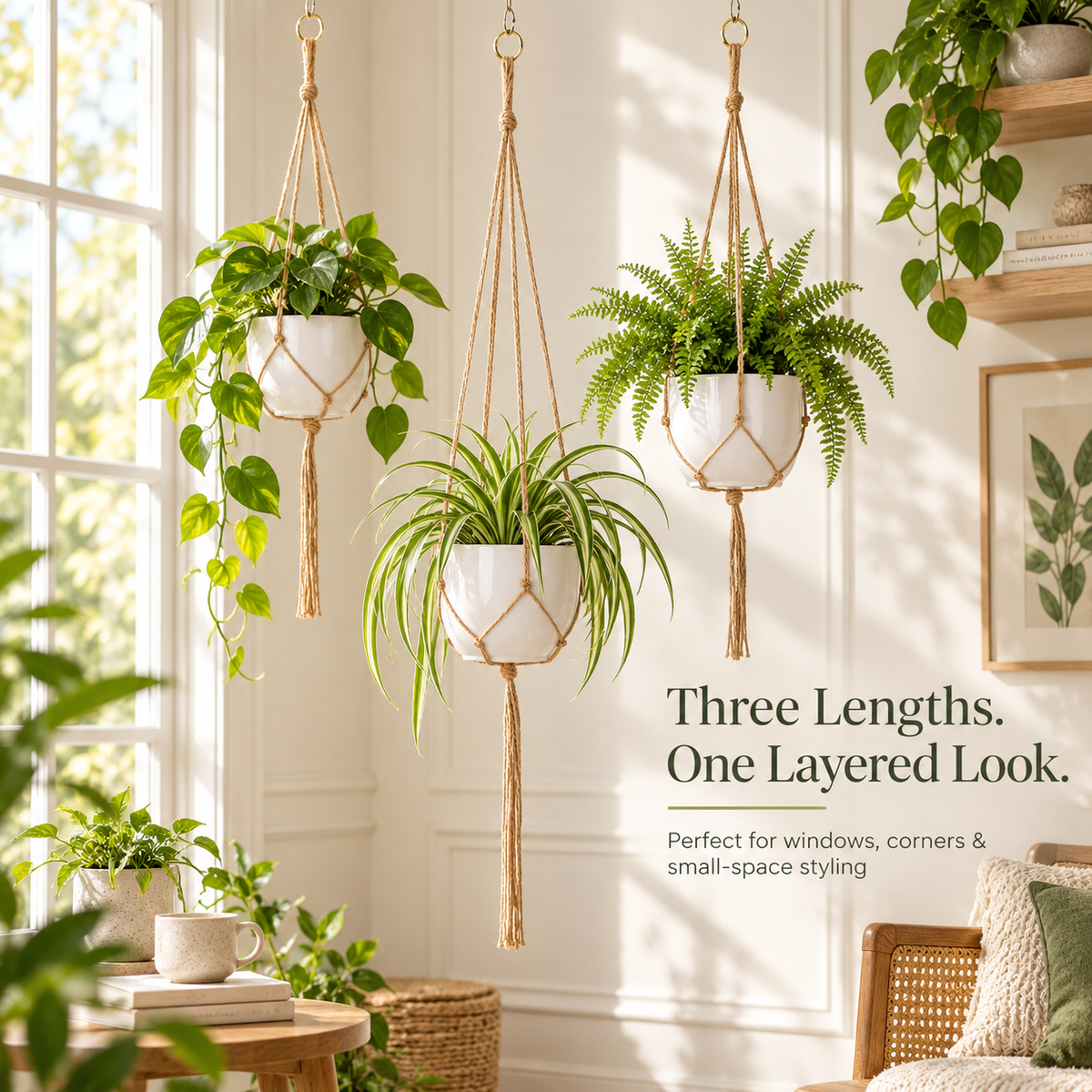 Macrame Plant Hanger Set of 3 – Natural Rope Hanging Planter Holders for 4–10 Inch Pots