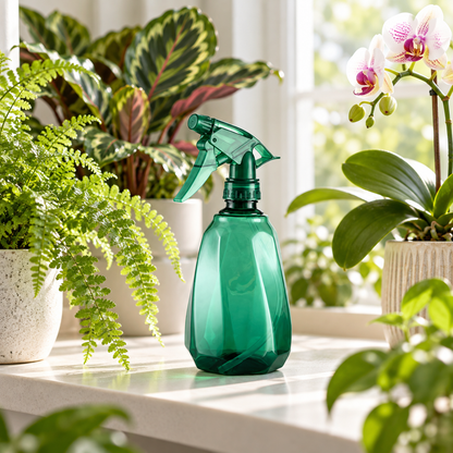 Green fine mist plant sprayer on a windowsill beside ferns and orchids