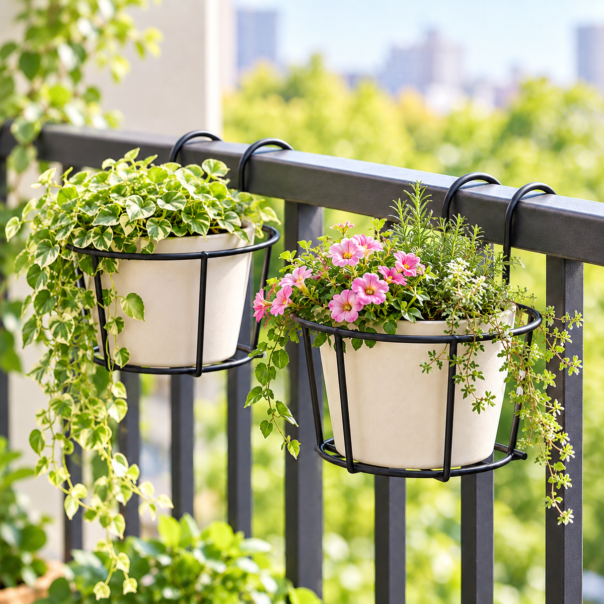 Black railing planter holders with trailing plants and petunias on a dark metal balcony railing