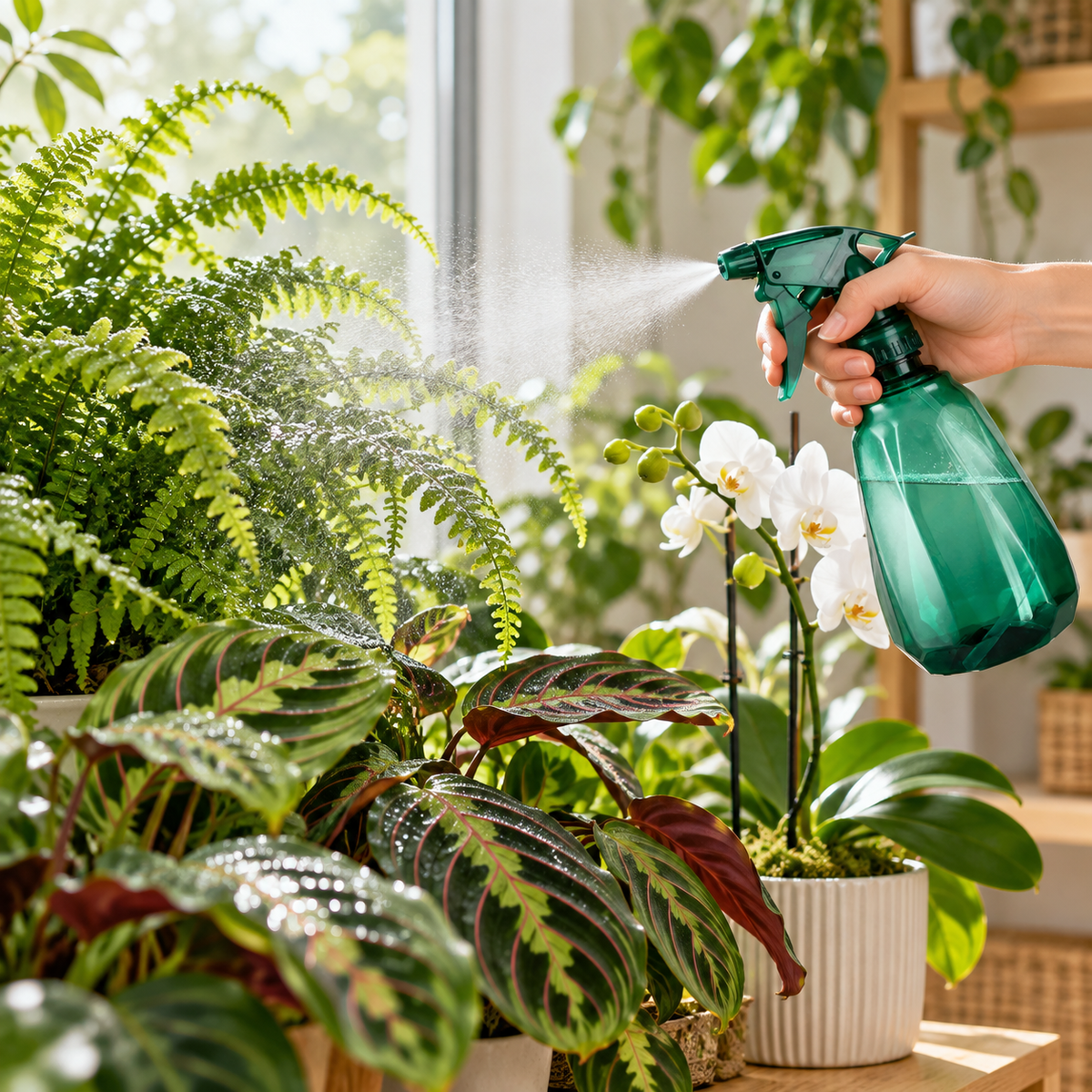 Misting ferns, calathea and orchids with the fine mist plant sprayer