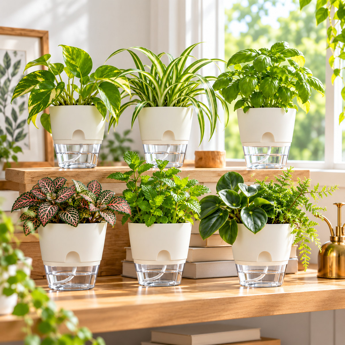Self-Watering Mini Pots, Set of 6 – 4 Inch Double-Layer Planters for Herbs, Cuttings and Small Houseplants