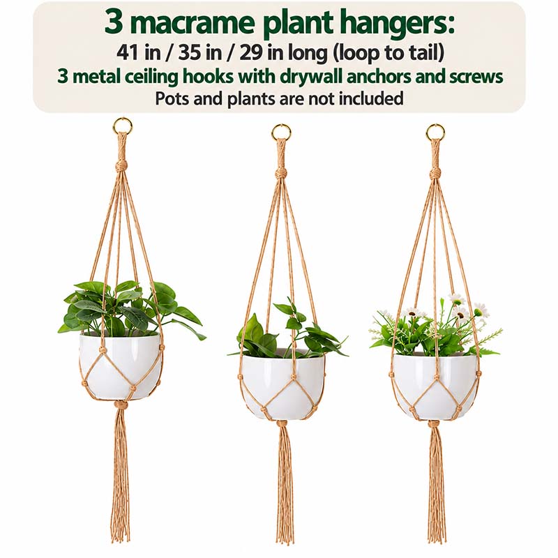 Size chart: 3 macrame plant hangers 41, 35 and 29 inches long with 3 ceiling hooks, pots and plants not included