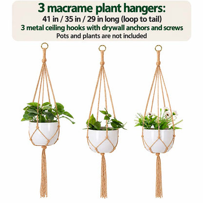 Size chart: 3 macrame plant hangers 41, 35 and 29 inches long with 3 ceiling hooks, pots and plants not included