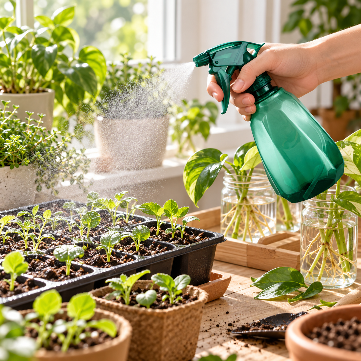 Misting seedlings and cuttings with the plant sprayer