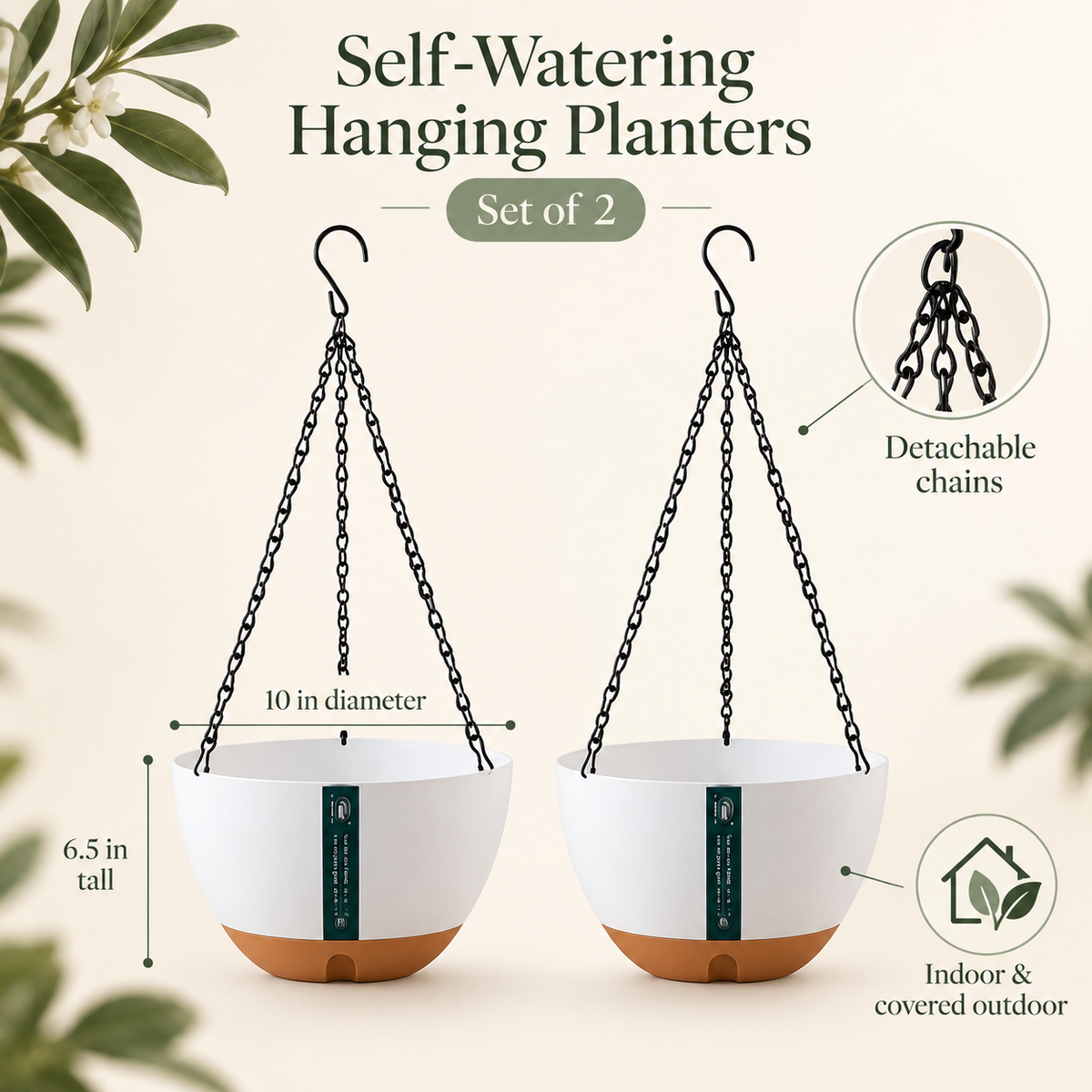 Self-Watering Hanging Planters, Set of 2 – 10 Inch Indoor Outdoor Hanging Pots with Water Reservoir