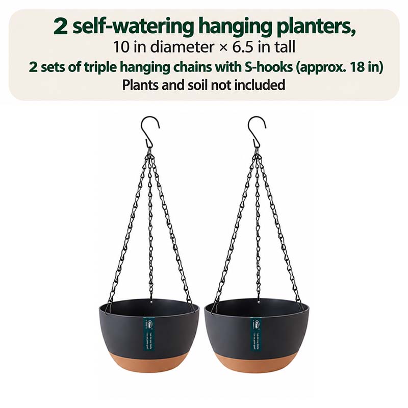 Set of 2 black self-watering hanging planters with triple chains and S-hooks