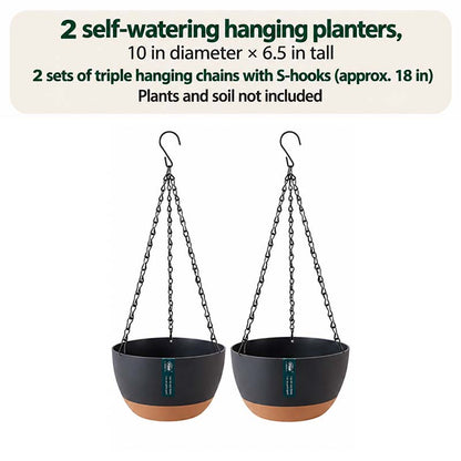 Set of 2 black self-watering hanging planters with triple chains and S-hooks