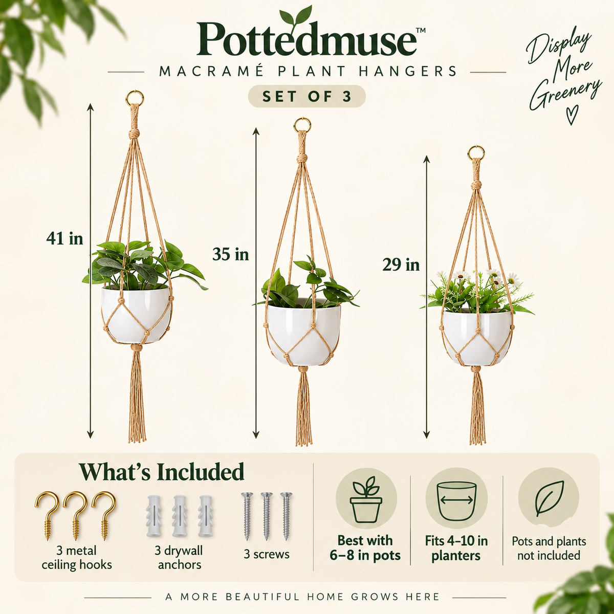 Macrame Plant Hanger Set of 3 – Natural Rope Hanging Planter Holders for 4–10 Inch Pots