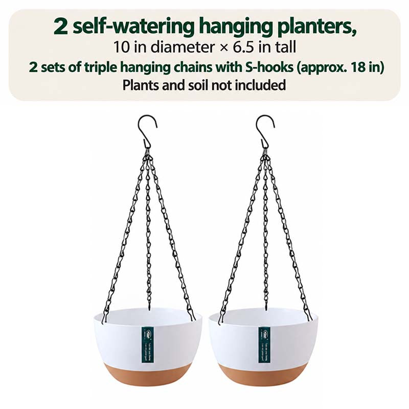 Set of 2 white self-watering hanging planters, 10 inches wide, with black triple chains and S-hooks
