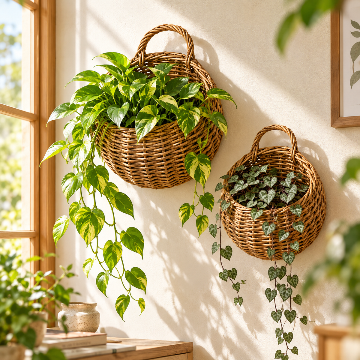 Natural willow wall planter baskets, medium and small, with pothos and string of hearts