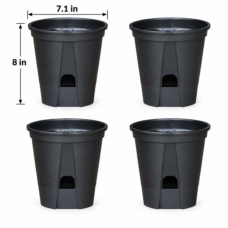 Set of 4 matte black 7.1 inch self-watering pots