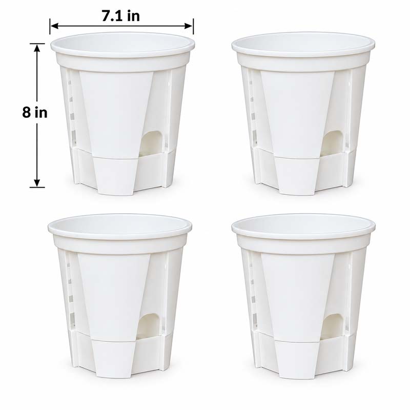 Set of 4 matte white 7.1 inch self-watering pots with dimensions, 8 inches tall