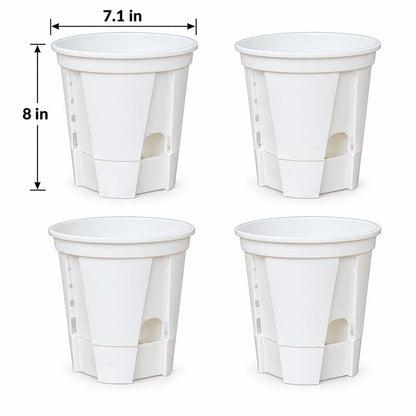 Set of 4 matte white 7.1 inch self-watering pots with dimensions, 8 inches tall