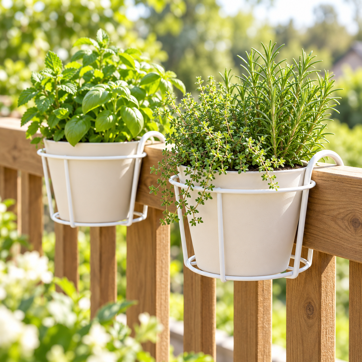 White railing planter holders with herbs hooked over a wooden balcony rail