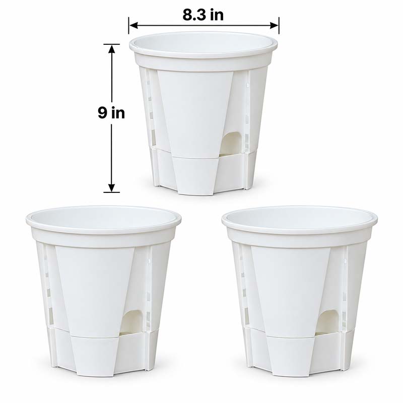 Set of 3 matte white 8.3 inch self-watering pots with dimensions