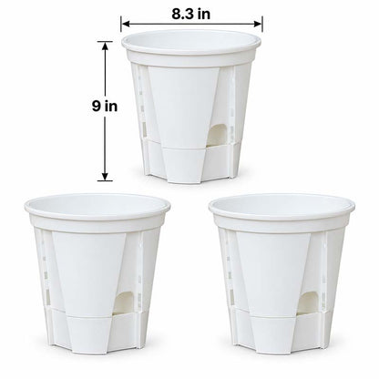 Set of 3 matte white 8.3 inch self-watering pots with dimensions