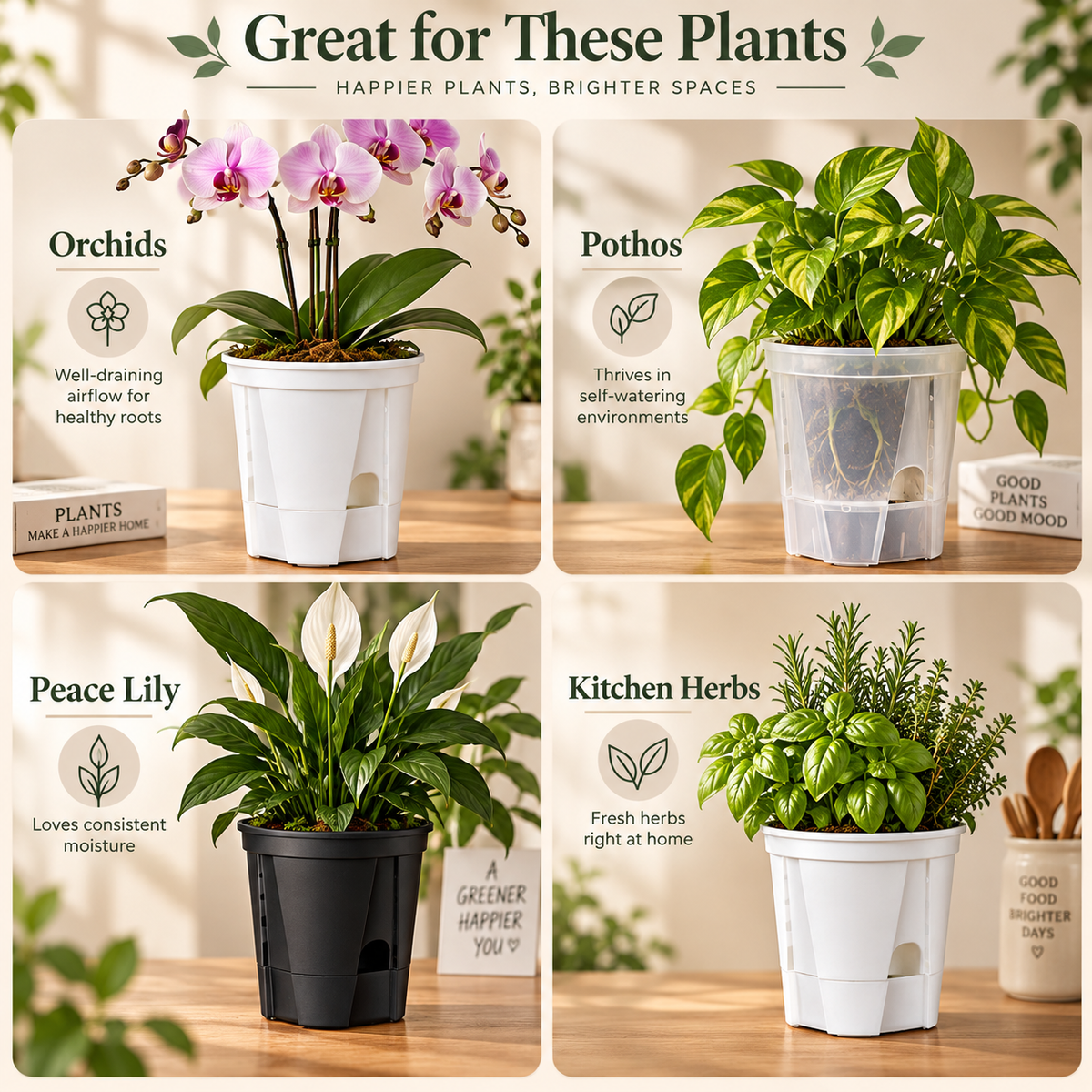 Self-Watering Plant Pots with Drainage – Indoor Planter Set with Water Reservoir, 7 Inch Set of 4 or 8 Inch Set of 3
