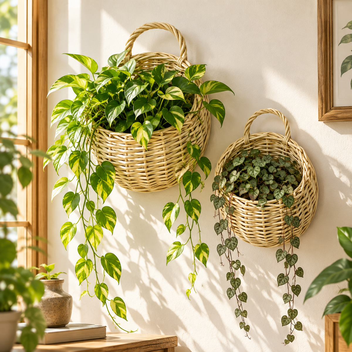 Off-white woven wall planter baskets, medium and small, with trailing plants