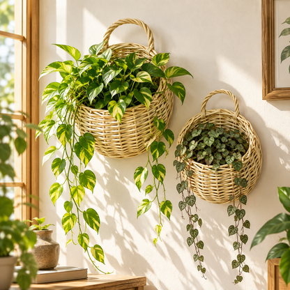 Off-white woven wall planter baskets, medium and small, with trailing plants