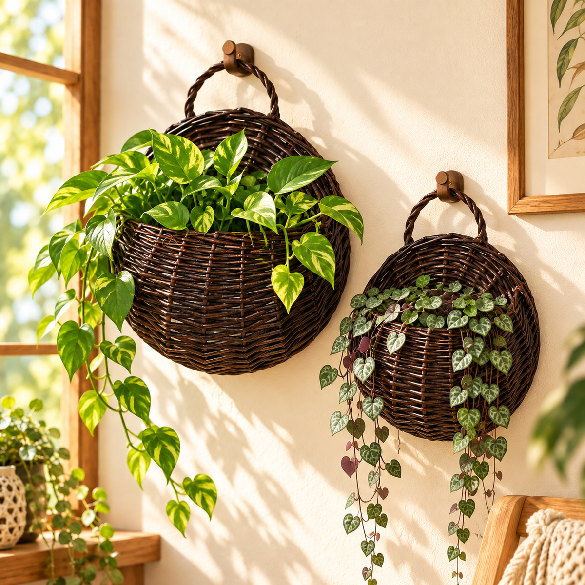 Dark brown woven wall planter baskets, medium and small, with trailing plants