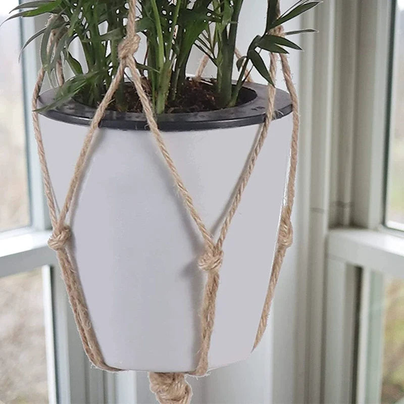 Close-up of the macrame knots and cradle supporting a white pot with a parlour palm