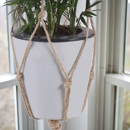 Close-up of the macrame knots and cradle supporting a white pot with a parlour palm