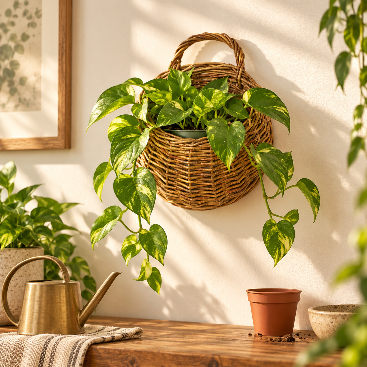 Woven willow wall basket holding a trailing pothos