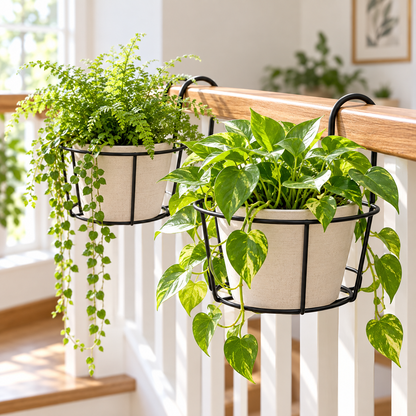Two black railing planter holders with pothos and fern on a white balcony railing