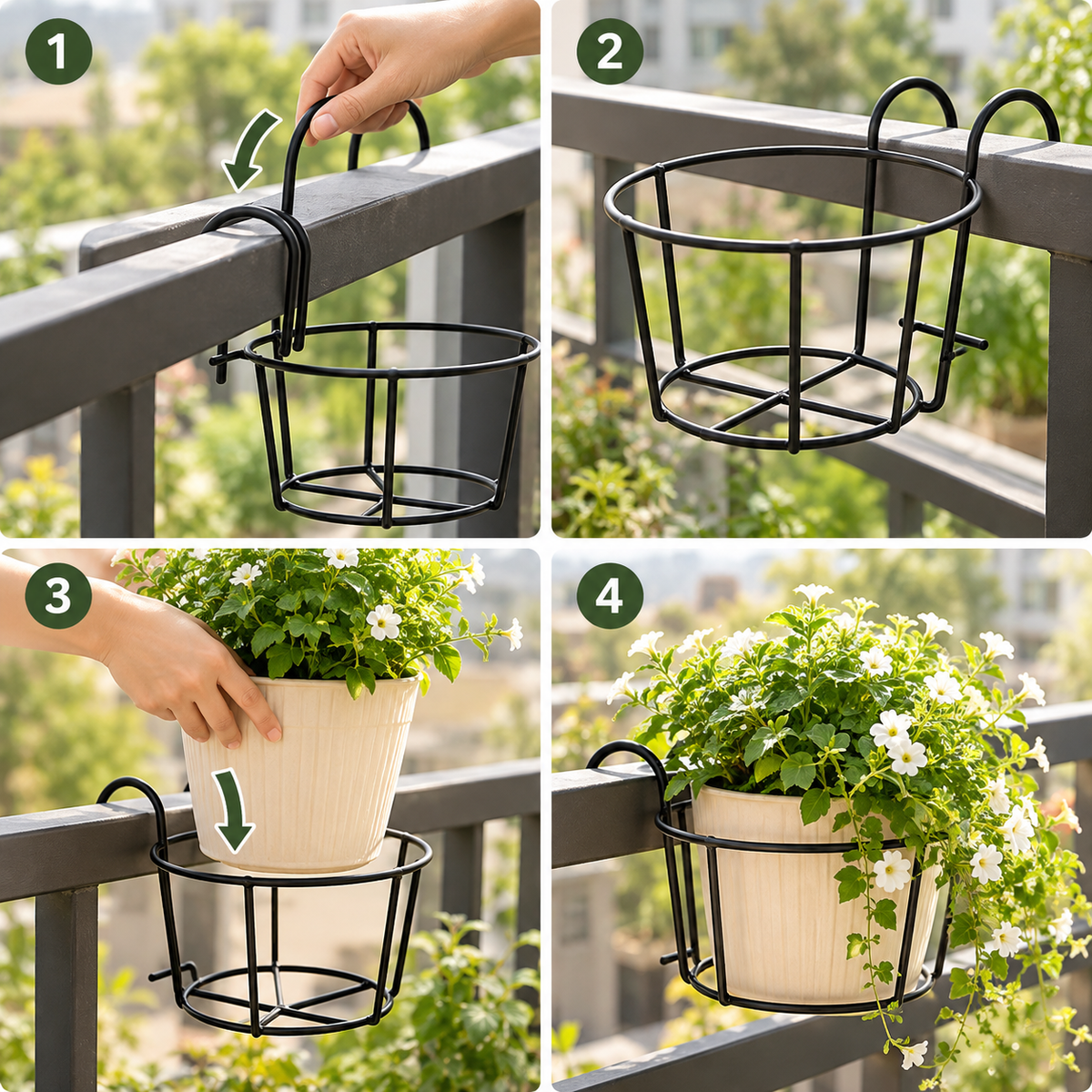 How to install: hook the holder over the railing, then drop in a potted plant