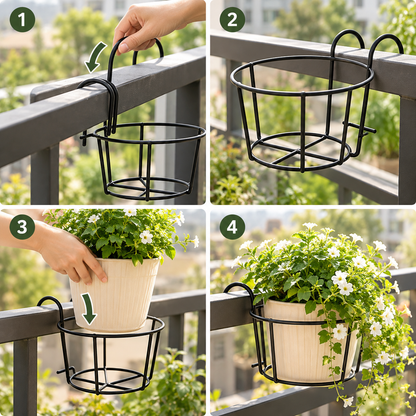 How to install: hook the holder over the railing, then drop in a potted plant