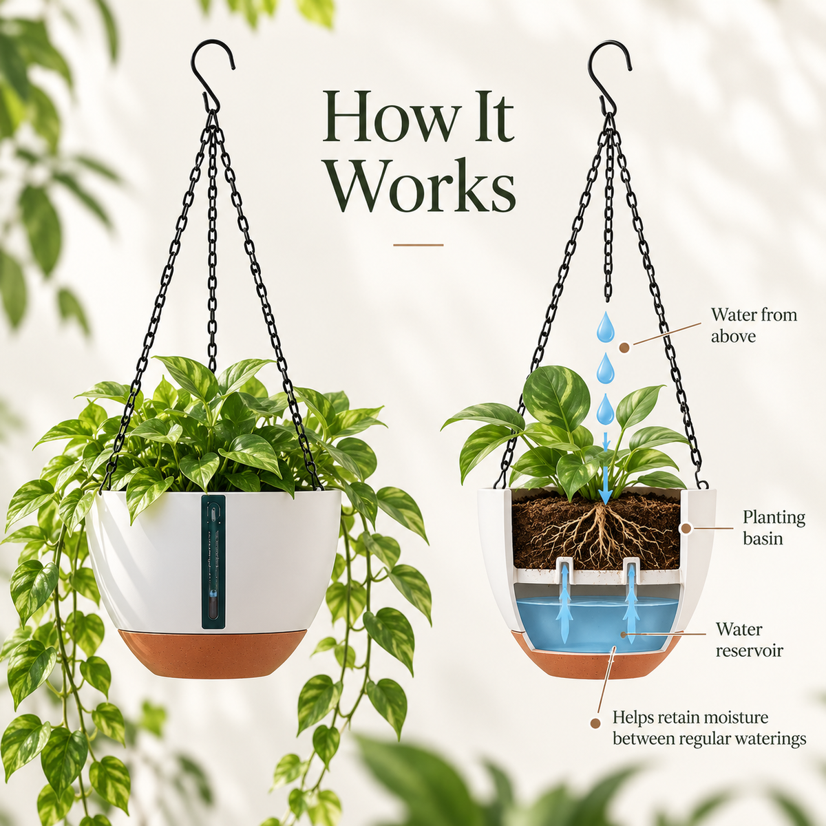 Self-Watering Hanging Planters, Set of 2 – 10 Inch Indoor Outdoor Hanging Pots with Water Reservoir