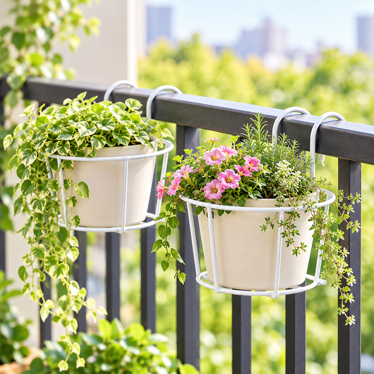 White railing planter holders with trailing plants and petunias on a dark metal balcony railing