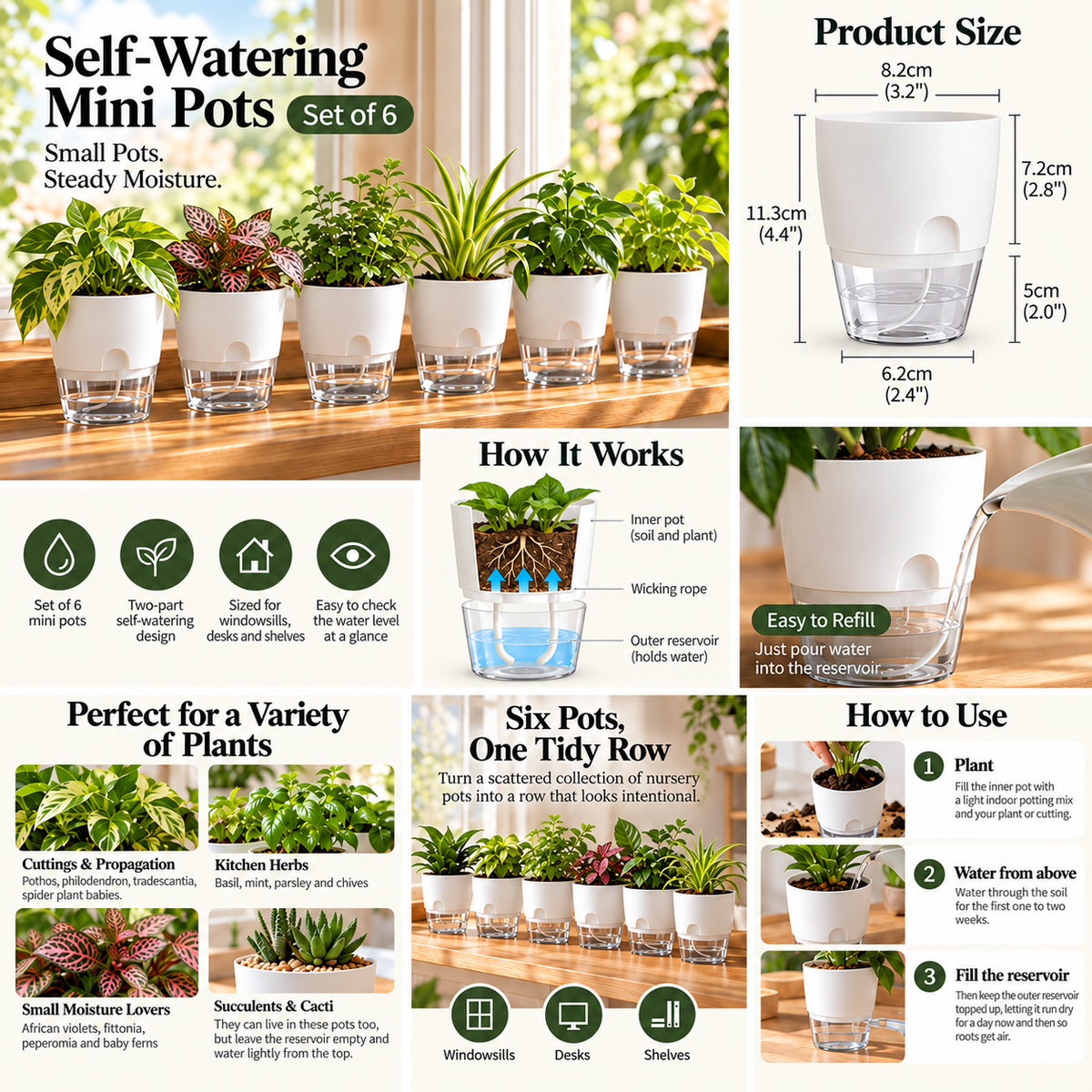 Self-watering mini pot set of 6 overview: size, how it works and what to grow