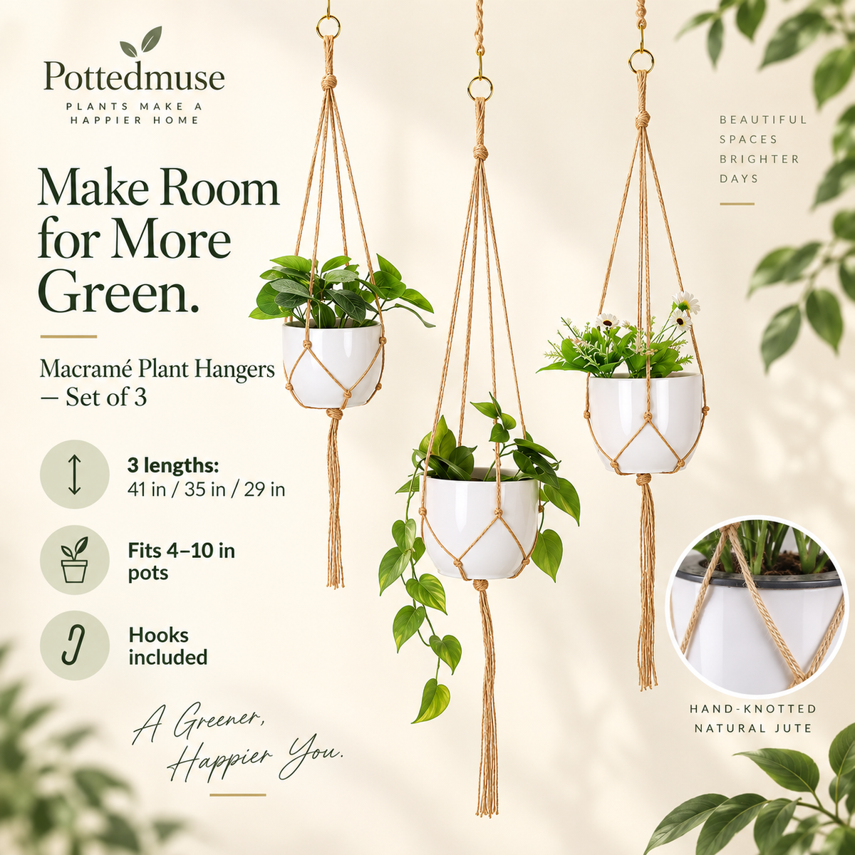 Macrame Plant Hanger Set of 3 – Natural Rope Hanging Planter Holders for 4–10 Inch Pots