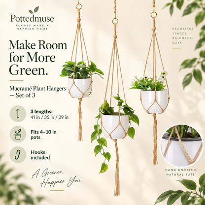 Macrame Plant Hanger Set of 3 – Natural Rope Hanging Planter Holders for 4–10 Inch Pots