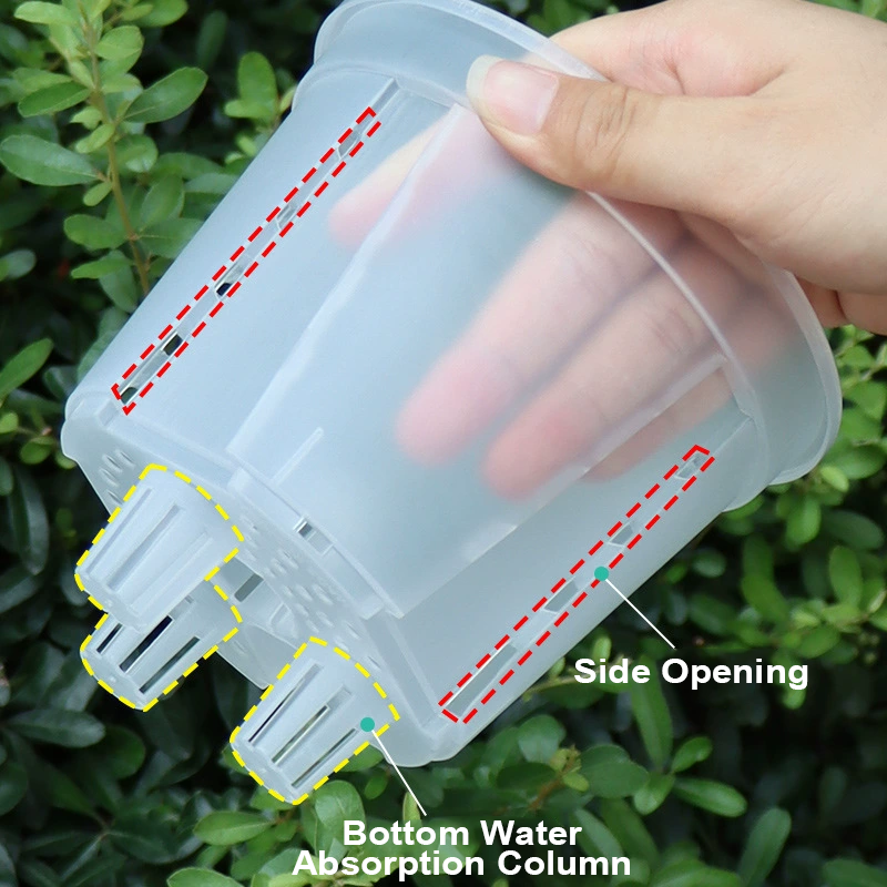 Detail of the side opening and bottom water absorption columns on the self-watering pot