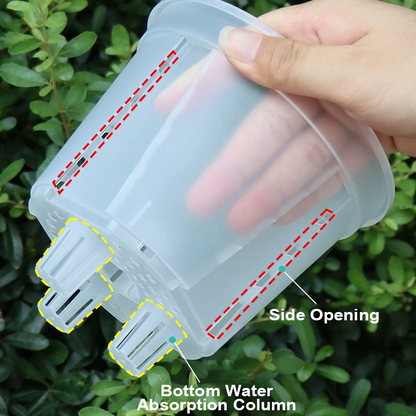 Detail of the side opening and bottom water absorption columns on the self-watering pot