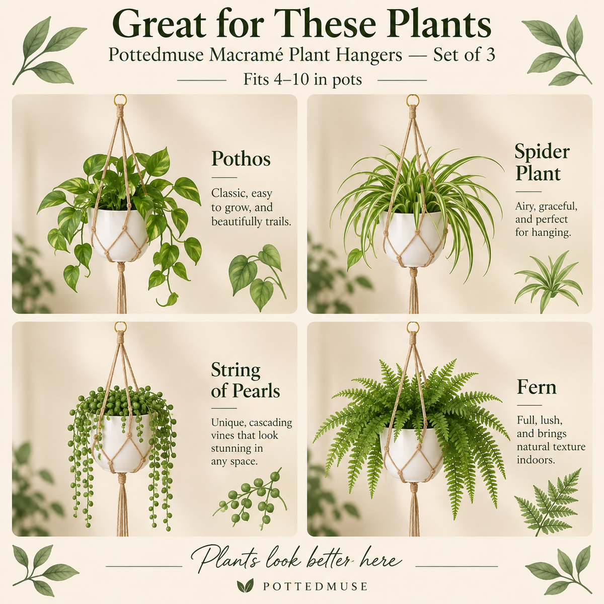 Macrame Plant Hanger Set of 3 – Natural Rope Hanging Planter Holders for 4–10 Inch Pots
