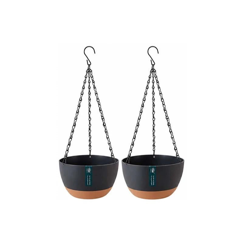 Set of 2 black 10 inch self-watering hanging planters with black triple chains and S-hooks