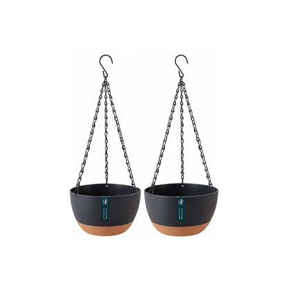 Set of 2 black 10 inch self-watering hanging planters with black triple chains and S-hooks