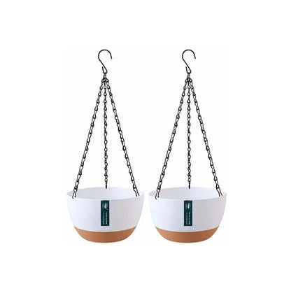 Set of 2 white 10 inch self-watering hanging planters with black triple chains and S-hooks