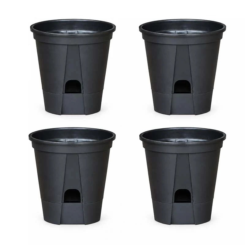 Set of 4 matte black self-watering plant pots with drainage and water reservoir, 7 inch