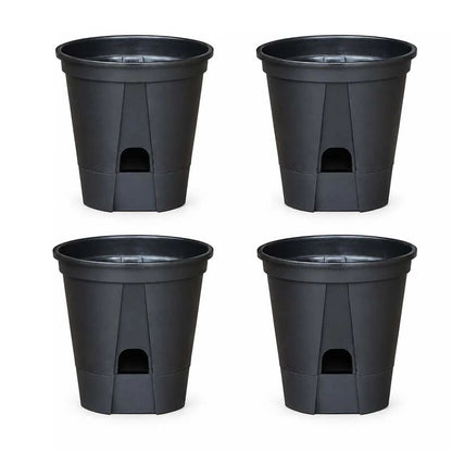 Set of 4 matte black self-watering plant pots with drainage and water reservoir, 7 inch