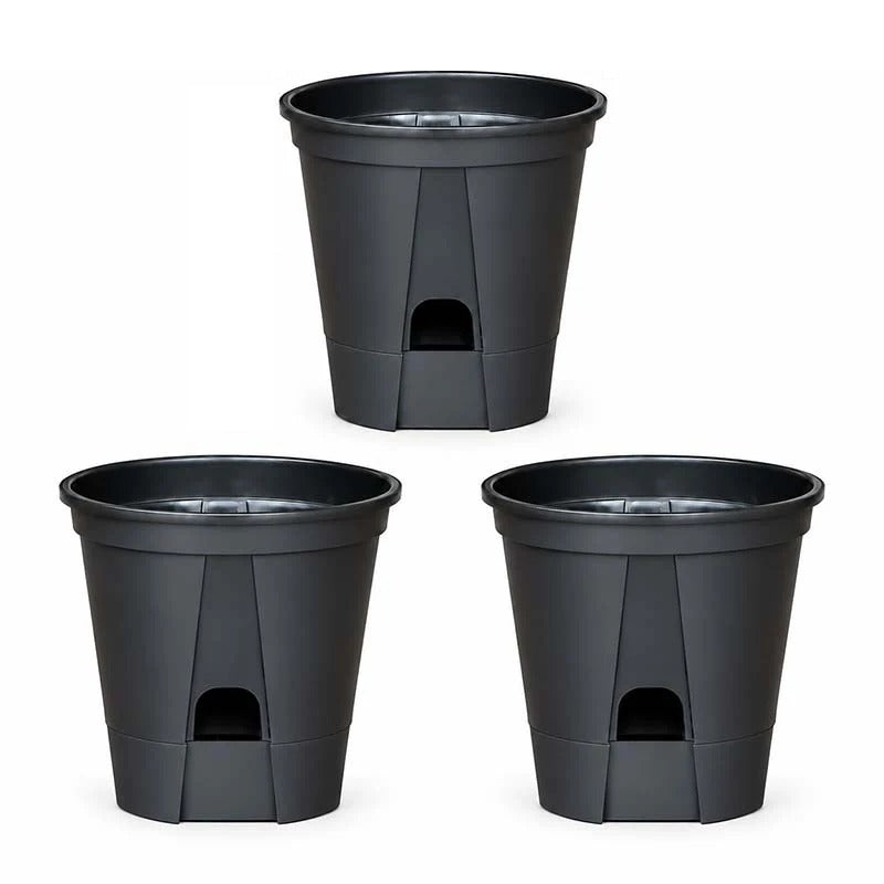 Set of 3 matte black self-watering plant pots with drainage and water reservoir, 8 inch